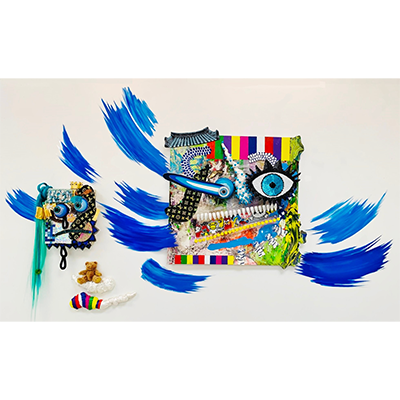 Very colorful, abstract artwork with collage-like elements incorporating cartoon-style eyeball imagery and geometric shapes, surrounded by bright blue brush-strokes on a white background.