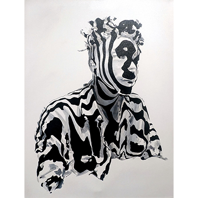 A painting depicting a young man with short hair covered in black and white stripes, almost in the style of a topographical map.