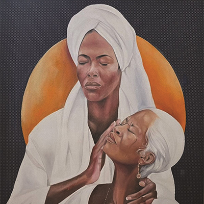 A stylized painting depicting two women in white clothing, both with their eyes closed. The younger one touches the cheek of the older one.