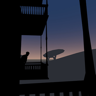 A ditigal artwork featuring a person silhouetted on a balcony at night. In the background are a hill and a tree, backlit by a soft pink glow at the horizon.