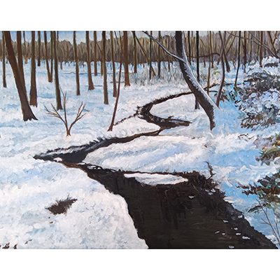 A painting of a narrow, dark creek running through a snow covered forest, with leafless trees reaching up to the top of the painting.