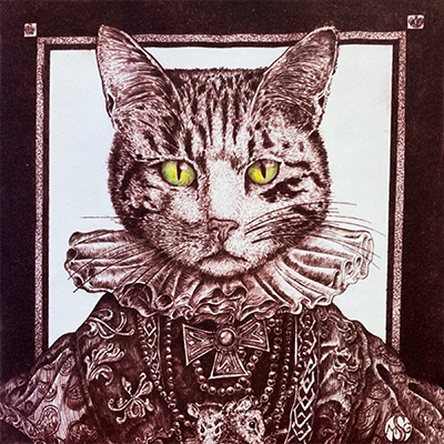 A portrait of a cat dressed in royal finery and a ruff collar, wearing  decapitated mouse heads on a necklace. The artwork is sepia-toned with the exception of the cat's eyes, which are greenish yellow.