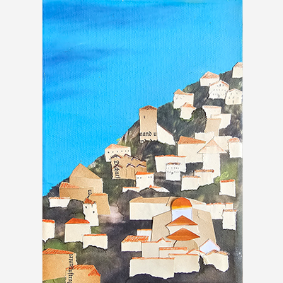 A painted and collaged artwork depicting a seaside city whose buildings, all made from cut and torn paper, have beige walls and orange roofs.