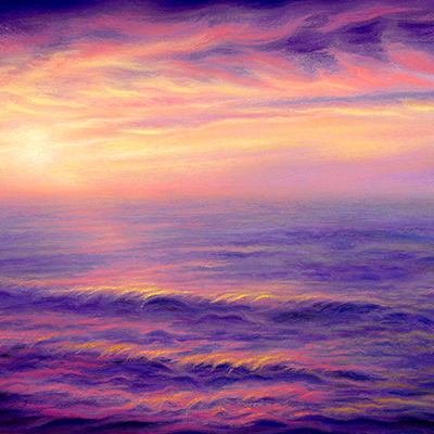 A vivid painting of a glowing, pink and gold sunset reflected in a purple ocean and pink and purple clouds.