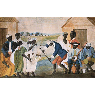Historical painting depicting a group of enslaved people in Colonial-era clothing playing musical instruments and dancing.