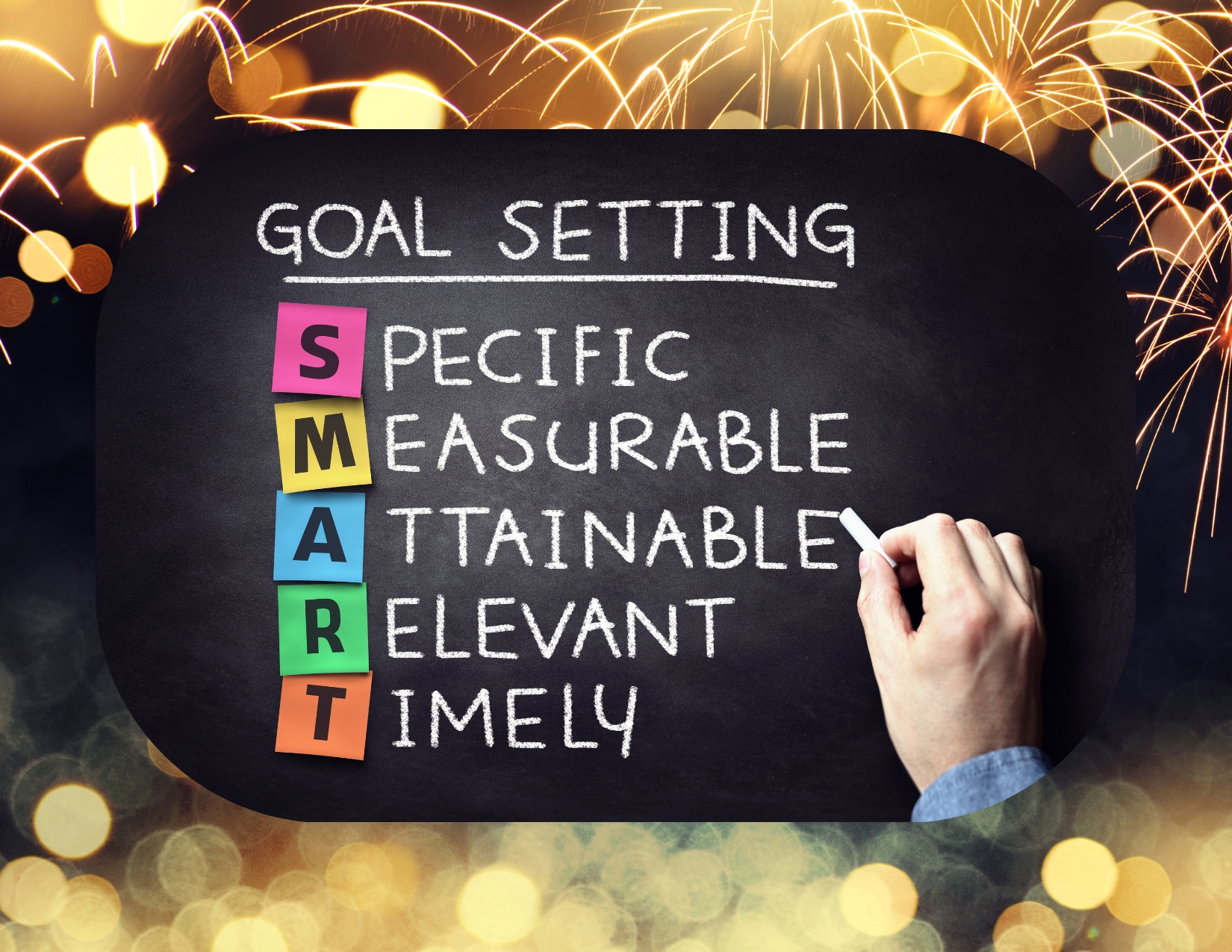 Graphic illustration featuring a hand using chalk to write the following things on a chalkboard: GOAL SETTING, SPECIFIC, MEASURABLE, ATTAINABLE, RELEVANT, TIMELY. This image is framed by images fireworks exploding.