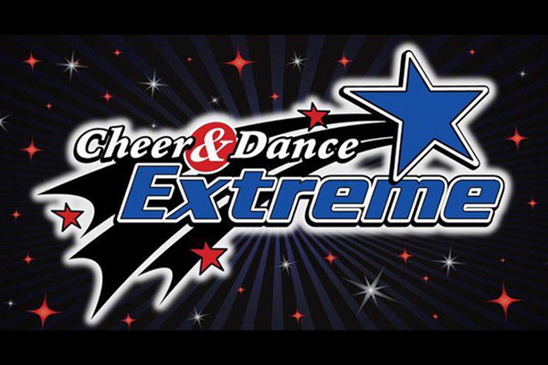 Cheer & Dance Extreme logo. It has a blue shooting star, and red and white sparkles everywhere.