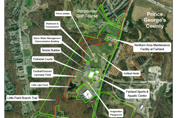 Map of Fairland Regional Park Master Development Plan Area and Facilities. For details, contact Shubha Punase at 240-941-9350.