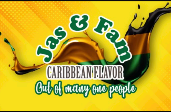 Jas & Fam Caribbean Flavor logo with splashing colors and text “Out of many one people.”