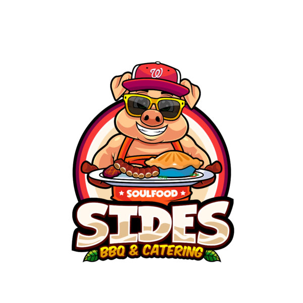 Sides BBQ and Catering logo with cartoon pig holding ribs and pie.