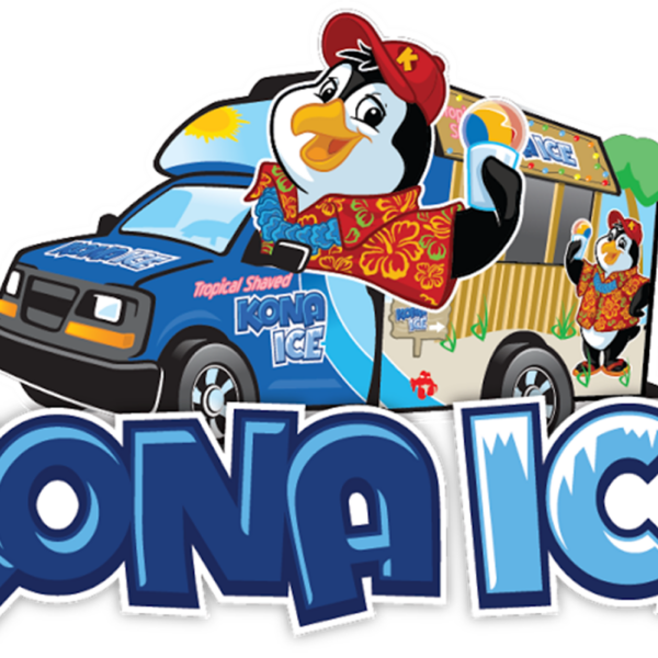 Kona Ice logo with cartoon penguin driving tropical shaved ice truck.