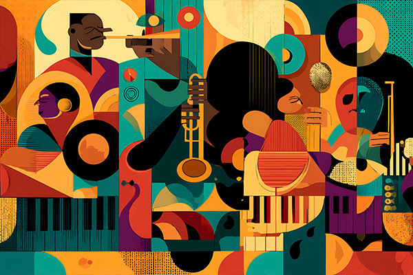 Abstract artwork depicting Black musicians and musical instruments.